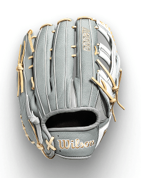Grey and white baseball glove with tan lacing. Wilson and A2000 are visible on the glove.